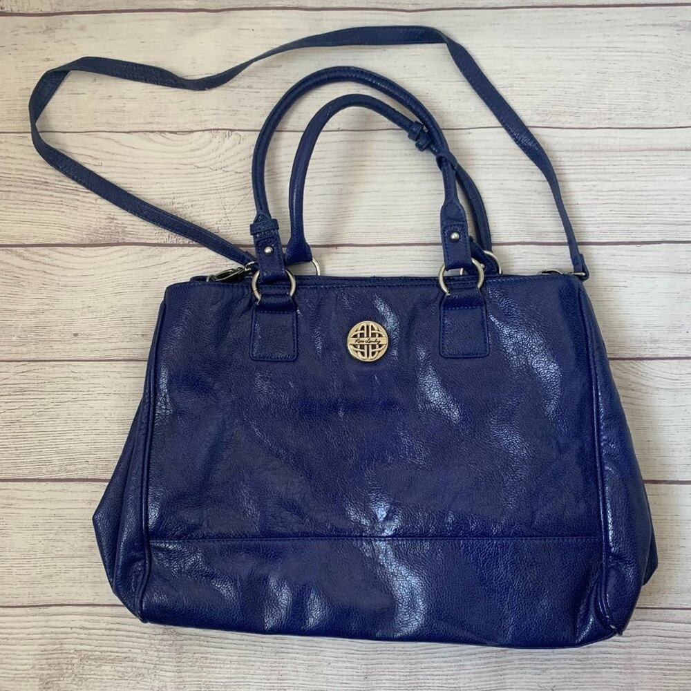 Kate Landry Blue Purse Cross Body Handbag Dual Straps Leopard Print Interior